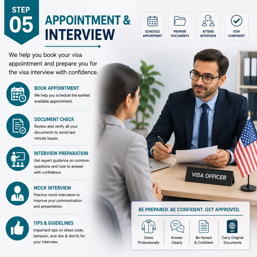 Student visa appointment and interview guidance.